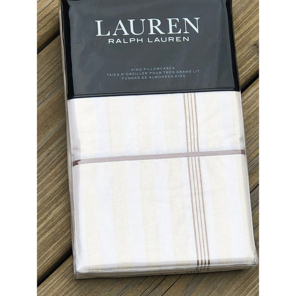 Ralph Lauren Allie KING Pillowcases PAIR Cream Flax Stripe Cotton NEW $150 - Picture 1 of 9